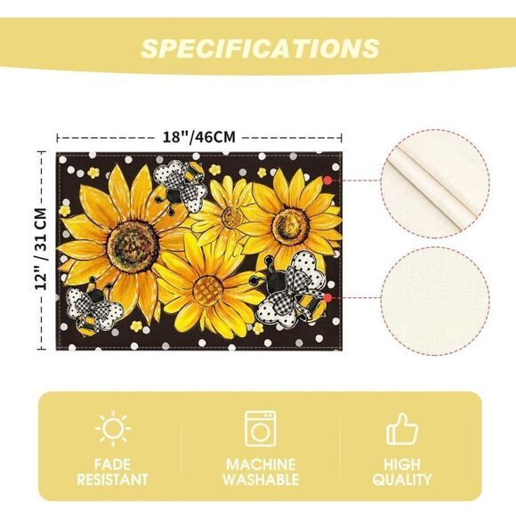 Sunflower & Bee Dining Placemats - Black and Yellow - Picture 3 of 11